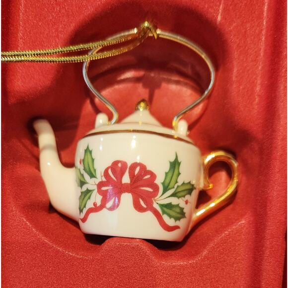 Lenox Holiday Tea Kettle Ornaments Set of 2 Holly Ribbon Gold Trim w/ Boxes - Picture 4 of 9